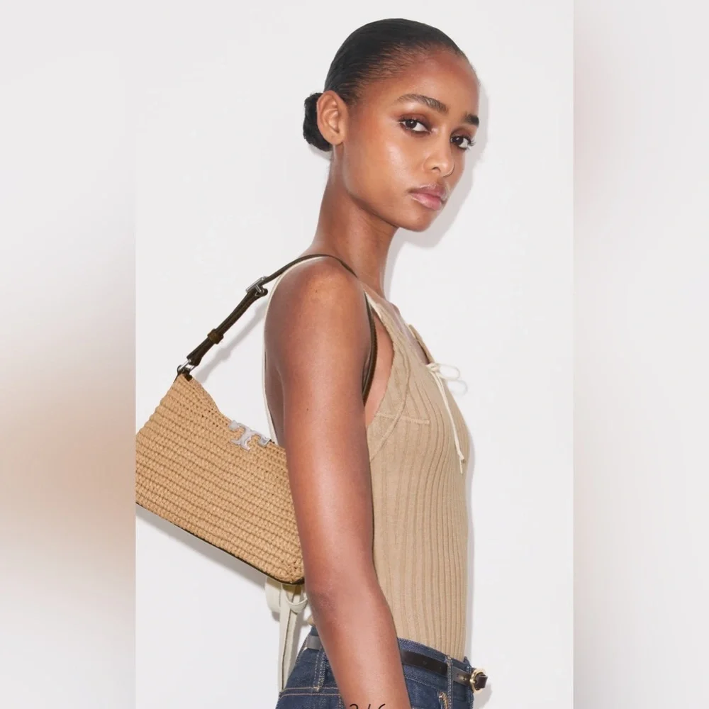 Tory Burch Tan Raffia Shoulder Bag with Dark Brown Strap and Silver Logo - Picture 5 of 6